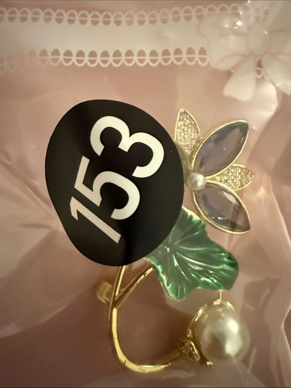 Gold-Tone Floral Pearl Brooch with Green Enamel Leaf
